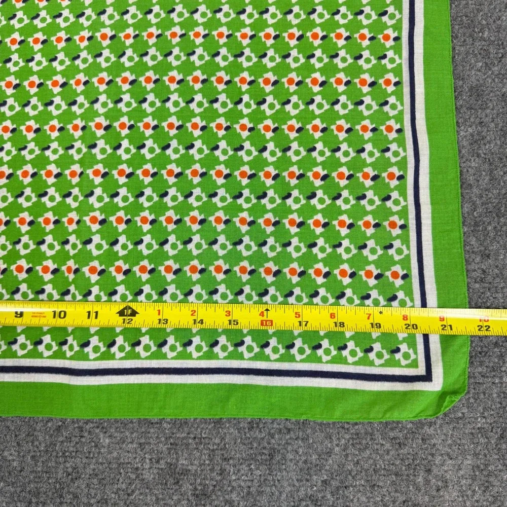 Vintage French Cotton Scarf Green Orange Geometric Floral Print Bandana 21x21
